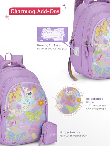 Image of Genie Doddle School Backpack For Girls |15 Inch-20 Litres With Three Compartments, Light Weight with Padded Shoulders |Best for Books, Water Bottles, Stationery, Lunch Box & Essentials - Lavender