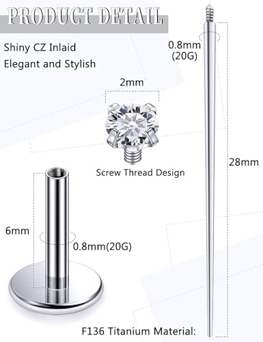 20G 18G 16G Internally Threaded Astm F136 Titanium Nose Ring Studs Flat Back Studs Earrings G23 Titanium Tragus Helix Conch Cartilage Earrings Piercing Jewelry For Women Men CZ 2mm 3mm 4mm2