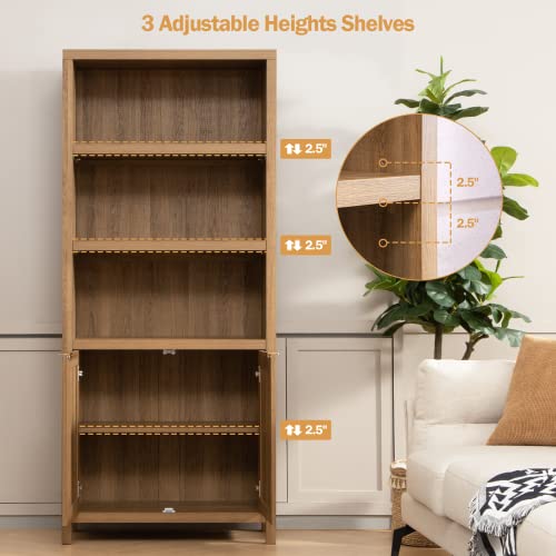 Sicotas Bookcase 5 Tier Bookshelf Rattan Boho Tall Bookcase With Doors Storage Wood Book Case Shelf Large Bookcases Farmhouse Bookshelves Library Shelves For Living Room Bedroom Home Office Kitchen #TOP2