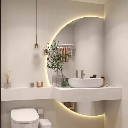 LED Backlit Dimmable Bathroom Mirror, Tri-Color Anti-Fog, Wall-Mounted Half-Circle Frameless Design, Touch Switch, 35" Left Cut Decorative Mirror