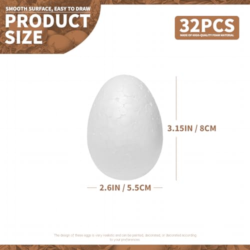 3.15 Inch Foam Eggs for Crafts,32pc White Small Styrofoam Eggs Smooth for Spring Easter Art Crafts Ornaments Making Handmade DIY Painting School Projects (styrofoam 3.15, 32)