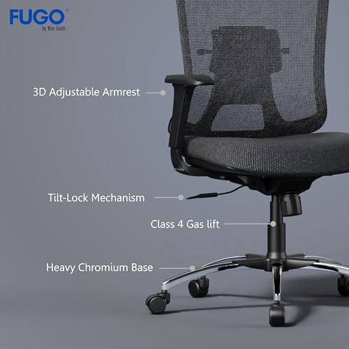 Image of FUGO FG410 High-Back Ergonomic Office Chair-Executive Computer Chair with Adjustable Headrest, Armrests, Lumbar Support, Breathable Mesh, 360 Swivel, Recline Function, and Heavy-Duty Base (Black)