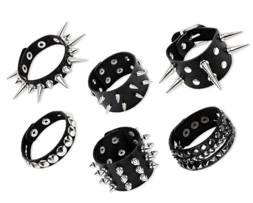 Image of DS. DISTINCTIVE STYLE 6 PCS Studded Bracelet Leather Goth Bracelet Punk Spike Bracelets Black Metal Cuff Wristband Adjustable Gothic Accessories