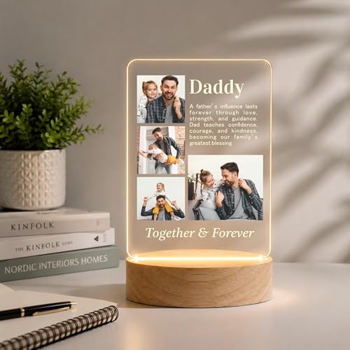 Image of Giftplease Fathers Day Personalized Rectangle Acrylic LED Frame - Custom Photo Wood Stand Tabletop Display with 4 Family Images & Meaningful Quote, Warm Decorative Photo For Dad, Grandpa Birthday