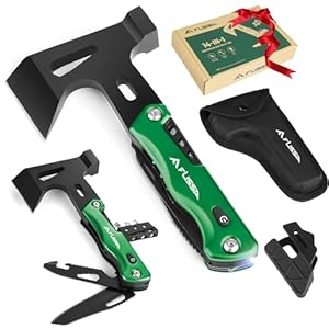 FLISSA Camping Axe Hammer 14-in-1 Multitool, Hatchet Multi Tool Stainless Steel with LED Light, EDC Hiking Survival Multi Function Tool Pocket Knife with Sheath