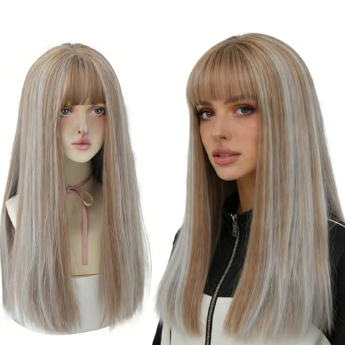 HUAISU 22 Inch Long Brown Straight Wig with Bangs Synthetic Wig for Women