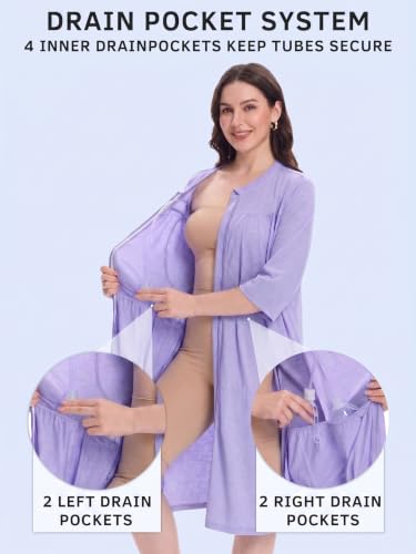 Image of Women's Post Surgery Robe with Drain Pockets Mastectomy Recovery Robe Front Zipper Hospital Gown Pajamas Gift