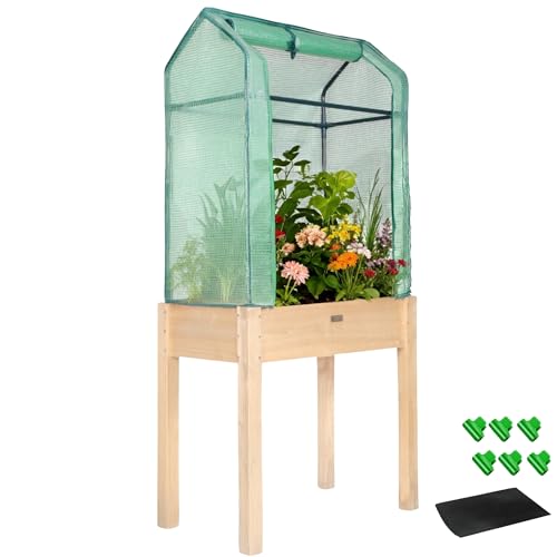 ZSYWODFO Raised Garden Bed with Greenhouse Cover,Elevated Wood Planter Box with Legs & Non-Woven Liner,34' L x18 W x 66' H Indoor Outdoor Gardening Bed for Vegetables, Herbs, Flowers