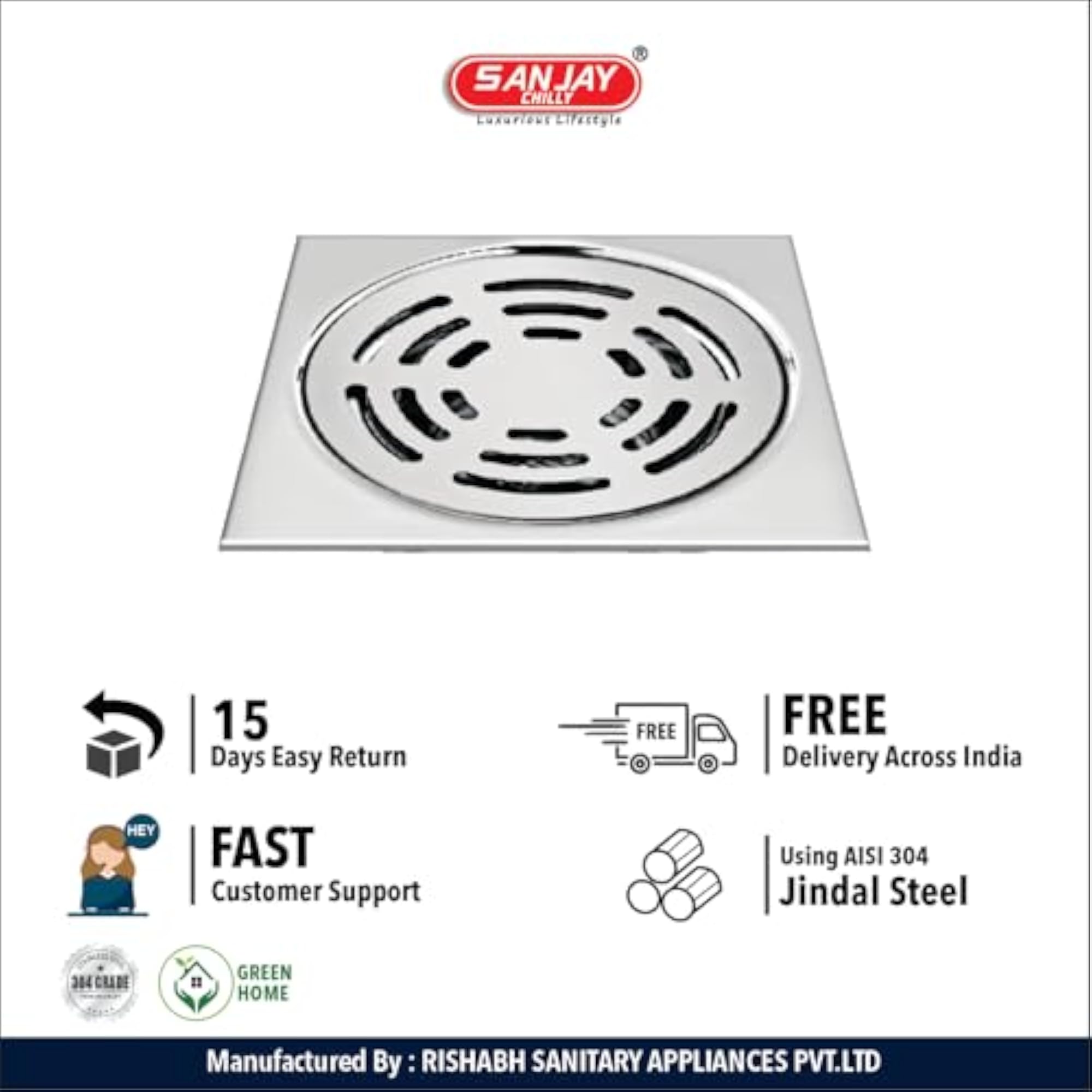 304 Stainless Steel Square Floor Drainer, 3x3 Inch