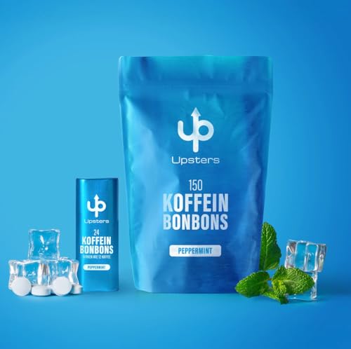 Upsters Koffeinbonbons Refillpack + Dosen Peppermint | 150 + 24 Stück mit Koffein & B-Vitaminen Energie wie 87 Kaffees | Zuckerfrei & vegan | Für Arbeit Lernen & Autofahrten