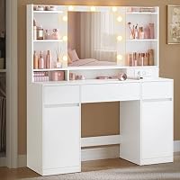 VASAGLE Kailyn Kollektion - Schminktisch mit Spiegel und LED-Leuchten, Steckdosenleiste, 2 Schränke, 9 dimmbare Glühbirnen, 3 Lichtfarben, werkzeuglose Gleitschienen, wolkenweiß RDT142WB02