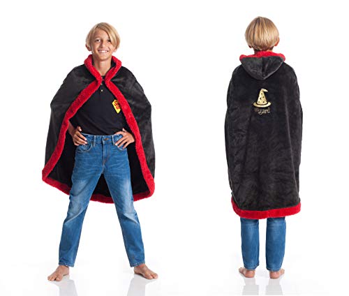 Kanguru Cape à Capuche Wizard/Magicien Enfants, Couverture Polaire, Plaid Canapé, Déguisement Fille, Couvre-Lit, Rouge et Noir, Taille 110 cm