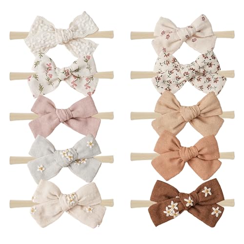 FANCY CLOUDS 10Pcs Baby Girl Headbands with Bows Nylon Hairbands Handmade Hair Accessories for Newborn Infant Toddlers Little Girls and Kids Gifts