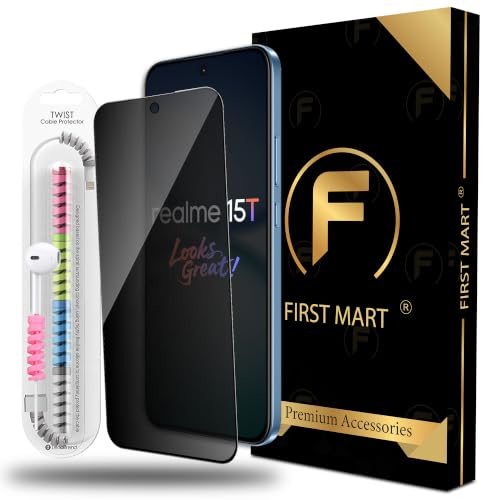 Image of FIRST MART Privacy Anti-Spy Tempered Glass for Realme 15T, Narzo 90 and Realme 16 (6.57 Inch) With Installation Kit | Military-Grade Gorilla Screen Protector & Cable Guard | Edge to Edge Coverage | Black