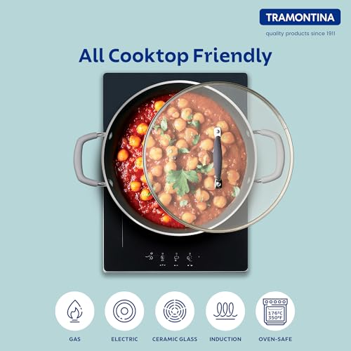 Image of TRAMONTINA Velo 24cm Shallow Kadai with Lid 2.9L | Ceramic-Reinforced Coating | Tempered Glass Lid | for Curry, Stir Fry, Sauteing & Everyday Cooking | Gas & Induction Compatible | Sand Beige