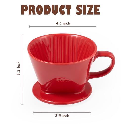Image of Pour Over Coffee Dripper, Ceramic Pour Over Coffee Maker, Red | 3 Holes Flat Bottom, Easy Manual Brew Maker, Porcelain Slow Filter Cone for Travel, Camping, Office, Home