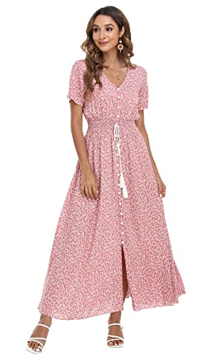 Image of VintageClothing Women's Floral Maxi Dresses Boho Button Up Split Summer Casual Long Dress Beach Party Dress