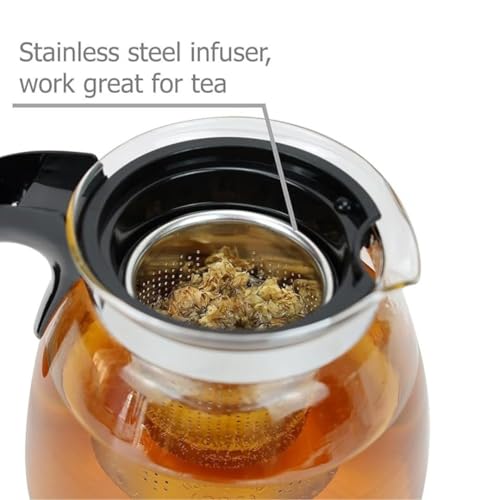 Image of Borosilicate Round Glass Tea Pot with Heat Resistant Stainless Steel Infuser Perfect for Tea and Coffee Maker, Clear Glass Kettle (TEAPOT with Black Handle) 1000ml (roung Kettle)