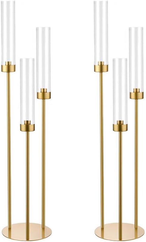 2PCS Gold Candle Holders for Wedding,3 Arm Candelabra with Acrylic Lampshade for Table Centerpiece Metal Candlestick Holder Stand for Home Decor, Dinning, Party, Birthday,Easter,Home Decor
