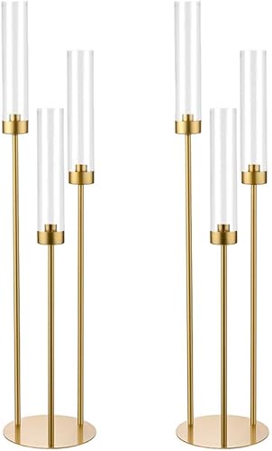 2 candelabros dorados de huracán para boda, candelabro de 3 brazos con pantalla acrílica para centro de mesa, soporte de metal para decoración del