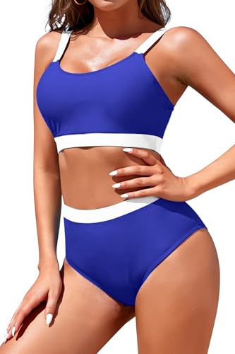 Image of Womens High Waisted Bikini Sets Sporty Crop Top Color Block Swimwear Bandeau Scoop Neck Vintage Two Piece Bathing Suits