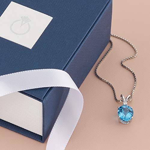 Peora Swiss Blue Topaz With Diamond Pendant For Women 14K White Gold, Genuine Gemstone Birthstone Solitaire, 3 Carats Total Oval Shape 10X8Mm #TOP5