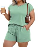 Lastshe Plus Size Two Piece Sets for Women Short Lounge Set Drawstring Cap Sleeve Summer Sweatsuit with Pockets,Grey Green,4X