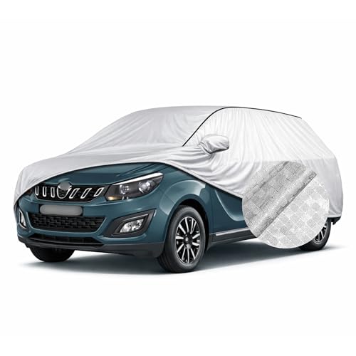Image of SEAZEN Waterproof Car Cover for Mahindra Marazzo | Dustproof, UV & Scratch Resistant Soft Cotton Lining | Triple Stitched, Mirror Pockets & Elastic Hem | Metallic Silver with Black Piping