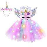 Girls Unicorn Rainbow Tutu Dress LED Light Up Halloween Christmas Decorations Birthday Party Princes