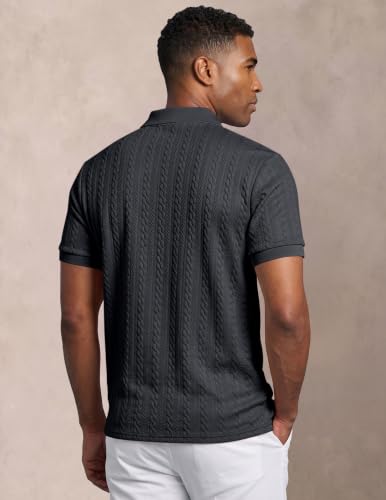 Image of JMIERR Men's Cable Knit Polo Shirts Elasticity Short Sleeve | Men's cable knit polo shirt with elasticity, machine wash, short sleeve, breathable textured knit for spring summer