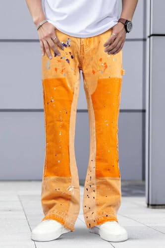 GINGTTO Mens Flared Jeans Stretch Elastic Waist Carpenter Denim Pants for Men Contrast Painted Design Yellowish Brown 342