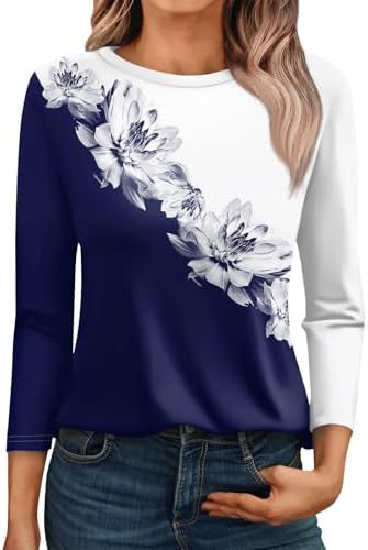 Womens Long Sleeve Tops 3/4 Length Sleeve Vintage Floral Print Crew Neck Top Womens Long Sleeve Tops