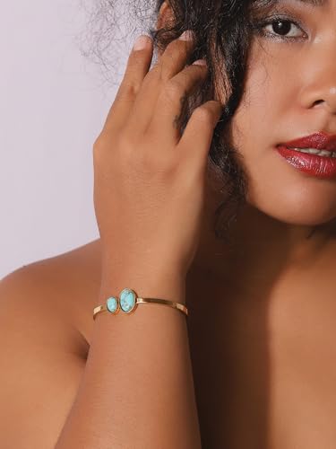 MINACHI Bohemian Retro Stainless Steel Created Turquoise Inlaid Round Plate Design Bangle Bracelet For Women2