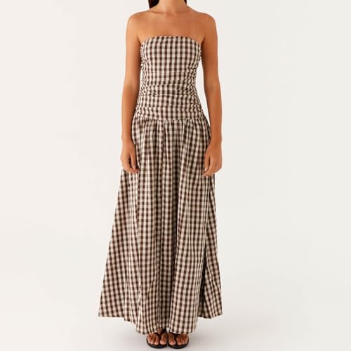 Image of Women Tube Top Maxi Dress 2025 Elegant Sleeveless Strapless Ruched Flowy Summer Long Wedding Party Cocktail Dresses (Light Brown, M)