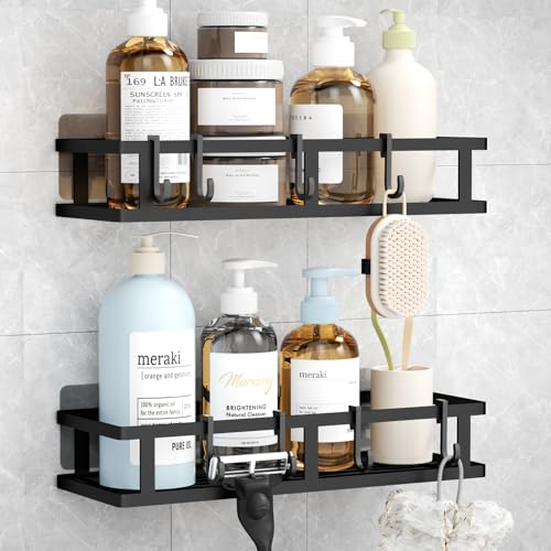 Wisfame Etagere Douche sans Percage Lot de 2, Noir Etagere Salle de Bain avec 8 Crochets, Acier Inoxydable Porte Gel Shampoing Douche, Rangement Salle de Bain...