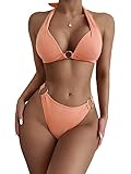 SweatyRocks Women's Ring Linked Halter Push Up Bikini Swimsuit High Stretch Bathing Suit Swimwear Set Swimming Suit Two Piece Coral Pink L