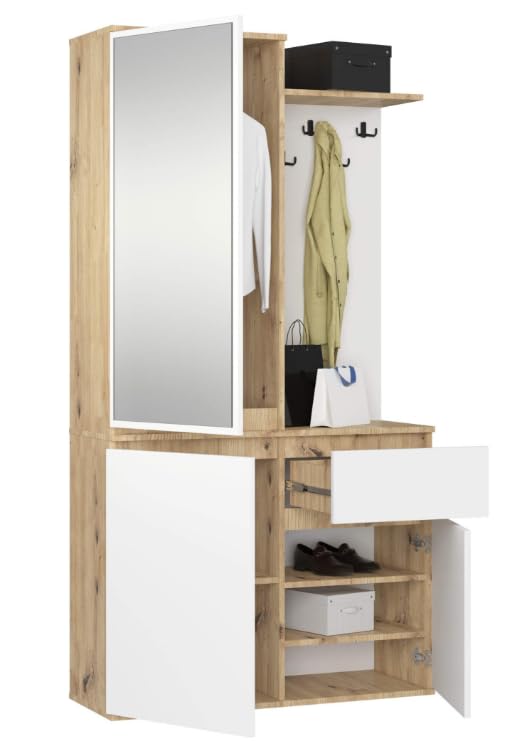 BDW ENTRO Armoire d'entrée avec Armoire à Glace, 95 x 183 x 35 cm, étagère à Chaussures, patères (chêne Artisanal/Blanc)