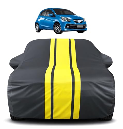 Image of Auto Hub Car Cover Compatible with Honda Brio with Mirror Pocket, Soft Cotton Lining, Brio Car Cover Waterproof - Yellow-Black