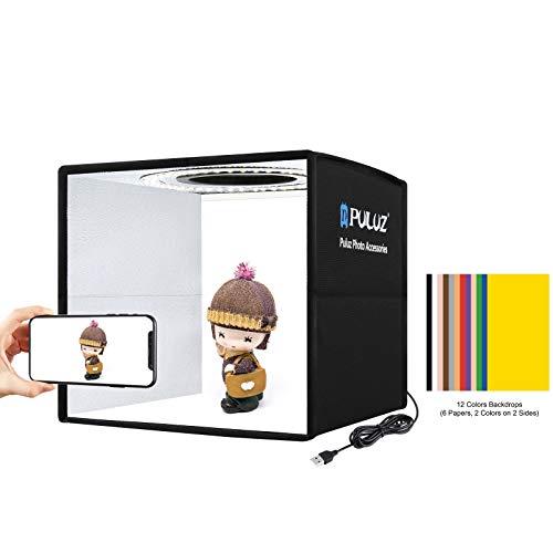 Photo Studio Box, PULUZ Mini Folding Lightbox LED Ring Light Portable Photo Studio Photography Shooting Tent Box Kit 12 Colors Backdrops USB Light Box for Phones DSLR Camera (9.8 x 9.8 inch)