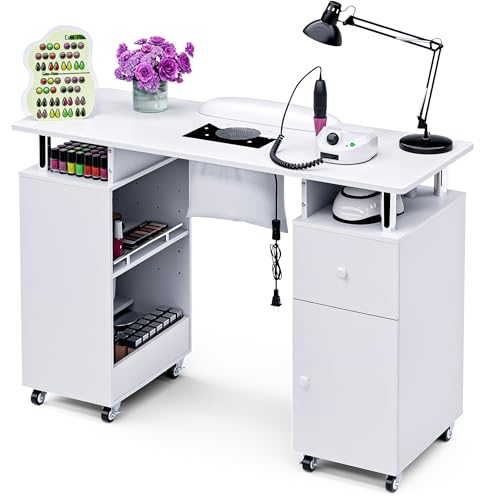 HolaiNail Manicure Table Nail Desk for Nail Tech, Acetone Resistant Beauty Salon Station with Dust Collector, Wrist Pad, Lockable Wheels, Drawer & Cabinet, White