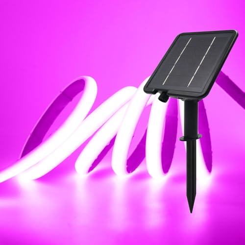 XUNATA Solar Neon LED Strip, Solarbetriebene COB Neon LED Streifen Außen, 8 Modi, IP65 Wasserdicht, 320leds/m Diffusion Flex LED Schlauch Band für Garten, Terrasse, Balkon, Treppe (Violett, 2M)