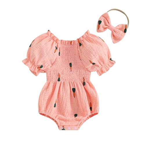 Image of Karwuiio Newborn Baby Girl Romper Daisy Short Sleeve Bodysuit with Headband Summer Clothes (Pink, 6-9 Months)