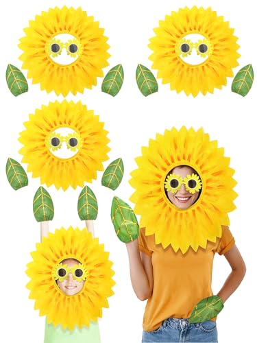 Mepase 3 Sets Halloween Sunflower Costume for Women Yellow Flower Costumes Sunflower Headgear Glasses Leaf Glove Performance Props (Adult)
