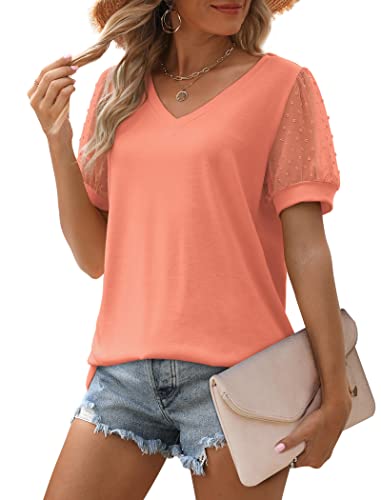 Image of Aokosor Womens Summer Tops V Neck T Shirts Swiss Dot Puff Sleeve Tops Loose Casual Tshirts