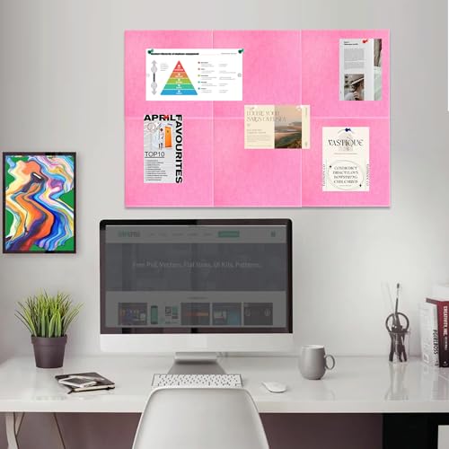 Vuzvuv Pink 35.4"x23.6" Large Cork Board with 50 Push Pins, Self-Adhesive Bulletin Board No Damage for Wall, Felt Pin Board for Paste Notes, Photos, Schedules Offices Home(6 Pcs 11.8x11.8 Inch) - Thumbnail 5