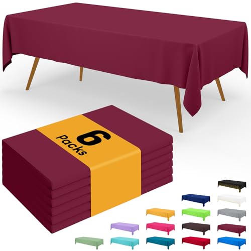 Image of Smiry Disposable Table Cloth - 6 Pack, 54 x 108 Inch Waterproof Rectangle Tablecloths for Parties, Decorative Plastic Table Cover, Leakproof & Sturdy, Wine Red