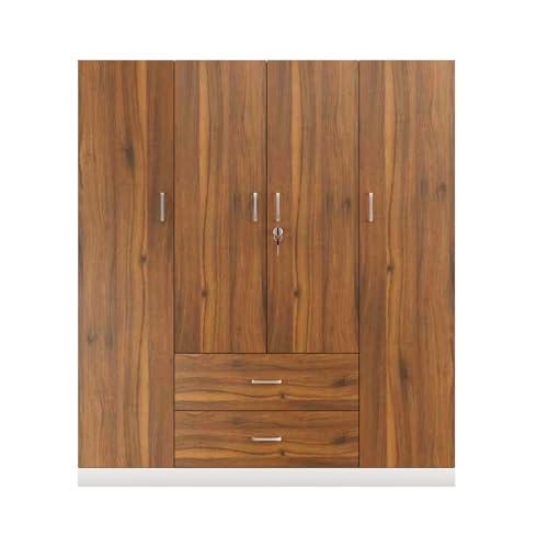 Image of VIKI Wardrobe | Wooden Almirah for Clothes,Door for Bedroom, 4 Door Wardrobe with Drawer & Hanging Space (White & Walnut - 40D x 160W x 180H) | 1 Year Warranty | Free Assembly