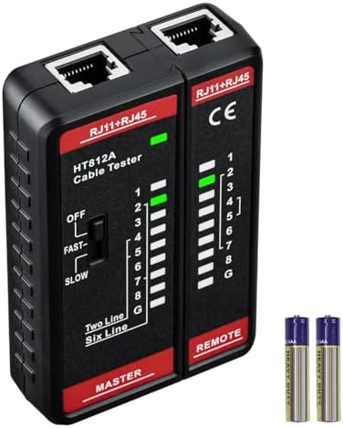 Lan Tester Netzwerk Kabeltester, RJ45 Netzwerktester für CAT5 CAT5e CAT6 CAT6A, Ethernet RJ11 Telefonleitung Prüfgerät mit Live-Erkennung, Durchgangsprüfer für Patchkabel Inkl. 2 x