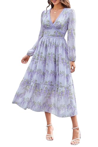 Women's Spring Wrap Maxi Dress Floral V Neck Long Sleeve