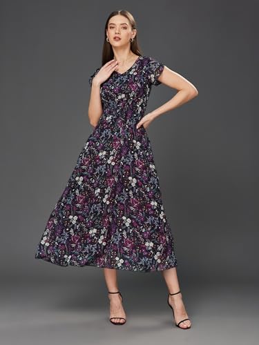 Image of Miss Chase Women Pleated V Neck Full Sleeves Relaxed Fit Midi Length Dress
